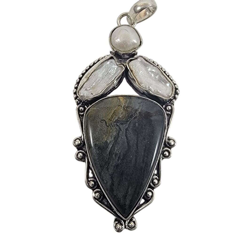 Artisan Black Jasper Pendant With Freshwater Pearl Accents on a 20" Silver Chain